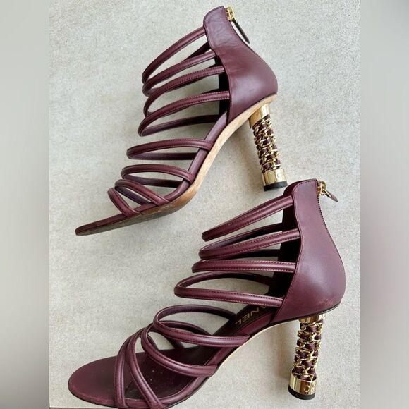 Chanel Coco Tower Cage Burgundy & Gold Sculptural Chain High Heel Sandals 38.5 - Picture 4 of 14